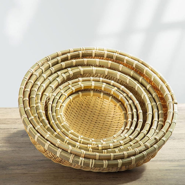 Happyyami 3Pcs Bambuskorb Tablett Flach Flacher Korb Gewebtes Obstkorb Dekorative Rattan Tablett für