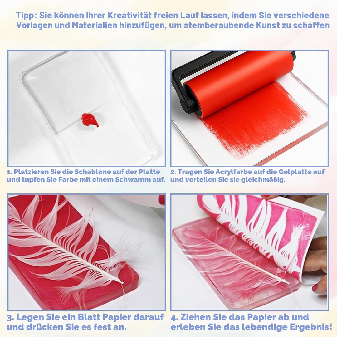 Gel Druckplatte, Wiederverwendbare Gel Printing Plate, Inklusive Mini-Rollerpinsel, Stempeln und Tex