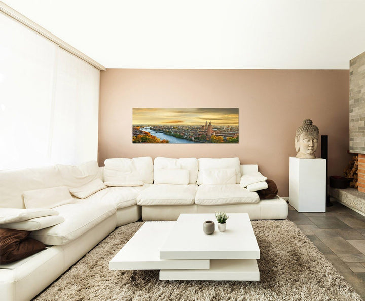 Paul Sinus Art Panoramabild auf Leinwand und Keilrahmen 150x50cm Italien Verona Stadt Fluss Abendlic