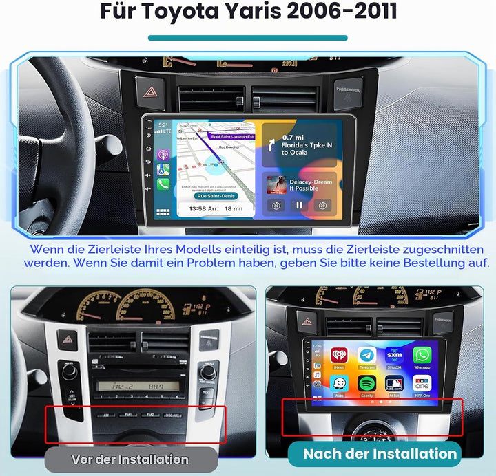 Hikity 2G 64G Android 15 Autoradio Navi Für Toyota Yaris 2005-2011 mit Wireless Carplay Android Auto