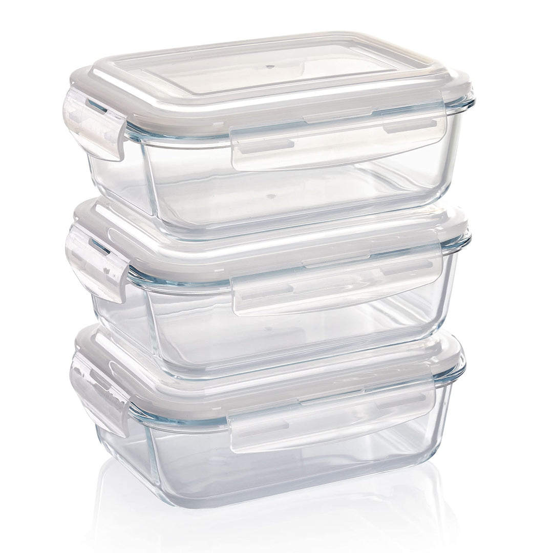 Grizzly Glas Frischhaltedosen, Set 3x 1040 ml, luftdicht, rechteckig, Click-Verschluss, vielseitige