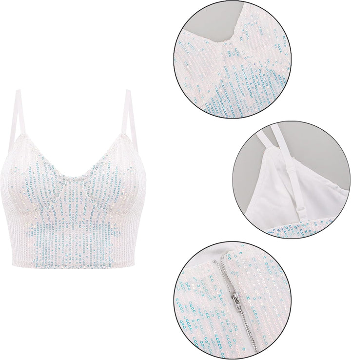 Naimo Damen Glitzer Pailletten Crop Top Ärmellos V-Ausschnitt Tank Tops Weste Sparkle Camisole Bluse