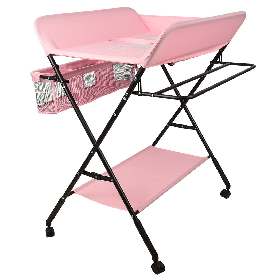Wickeltisch, faltbar, mit Sicherheitsgurt und Schutzplatten, 4-in-1, höhenverstellbar, Rosa, Rosa