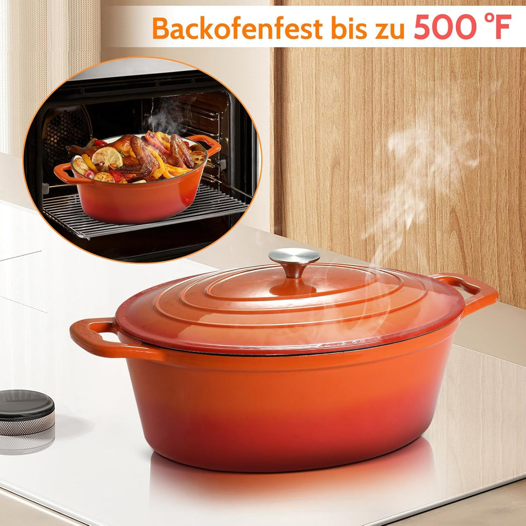 Gusseisen Bräter mit Deckel, Oval Gusseisen Topf 6.6L, Emaille Topf Gross Backofengeeignet, Schmorto