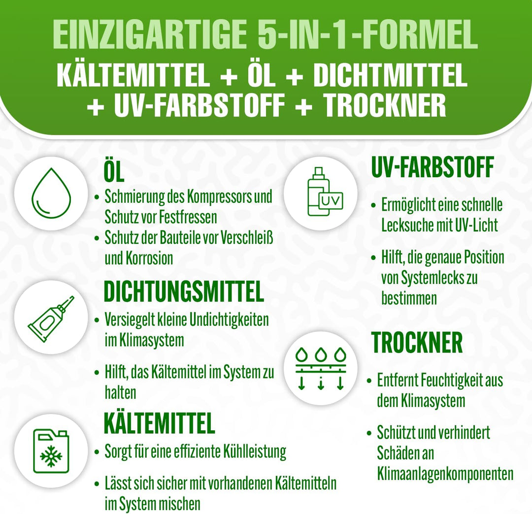 5in1 - Kältemittel R134a x 5 + Schlauch, 235g Jede Dose für Auto Klimaanlage mit Öl, Dichtungsmittel