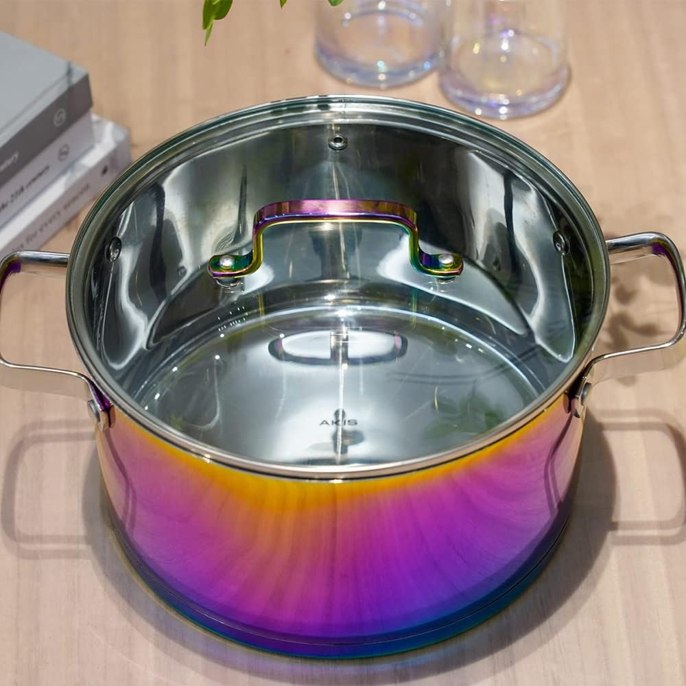 AKIS Dazzling Regenbogen Edelstahl 6 teilig Pfanne Topfset 1 Kochtopf, 1 Pfanne, 1 Stieltopf mit 3 G