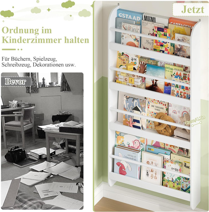 FOREHILL Bücherregal Kinder, Wandregal mit 4 Ablagen, Kinderregal für Bücher Spielzeug, Hängeregal D
