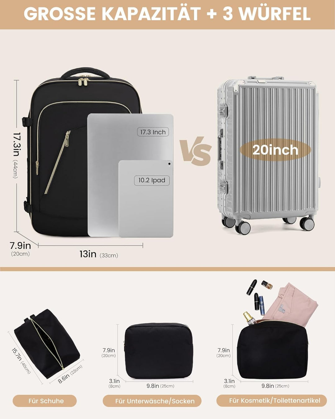 LOVEVOOK Rucksack Flugzeug Handgepäck, Reiserucksack Damen Herren Gross, 17.3 Zoll Laptop Rucksäcke