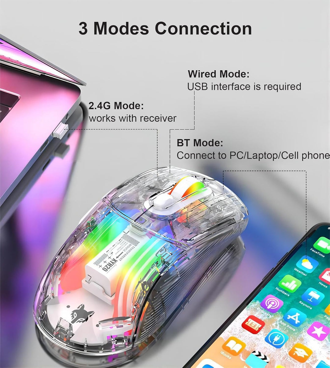 Mengshen Transparente kabellose Gaming-Mäuse, wiederaufladbare Maus mit 5-stufiger DPI-Stufe Bunte H