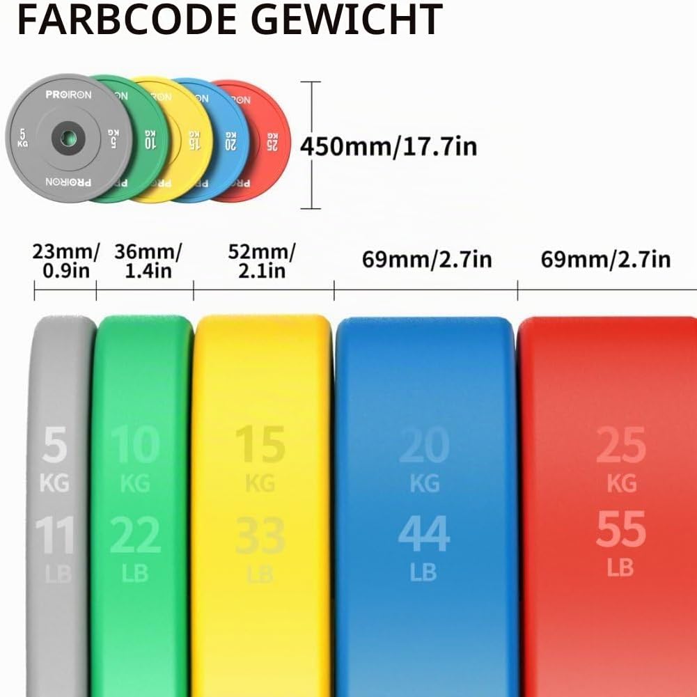 PROIRON Hantelscheiben, Olympic Bumper Plates 50mm, 5-25kg, Hartgummi, Hanteln Gewichtsscheiben nach