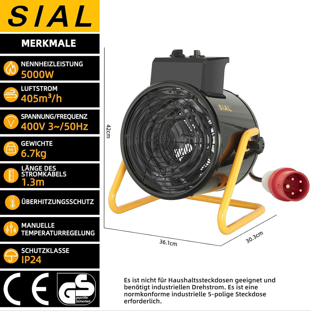 SIAL Industriell Heizlüfter 5000W - Elektrische Heizung - Heizstrahler Bauheizer - Heizgebläse Für G