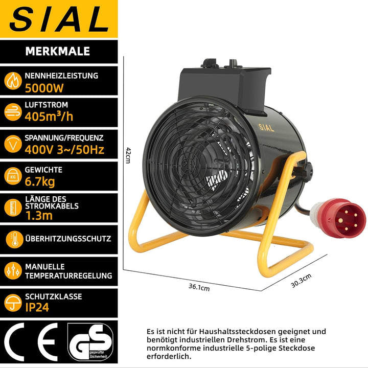 SIAL Industriell Heizlüfter 5000W - Elektrische Heizung - Heizstrahler Bauheizer - Heizgebläse Für G