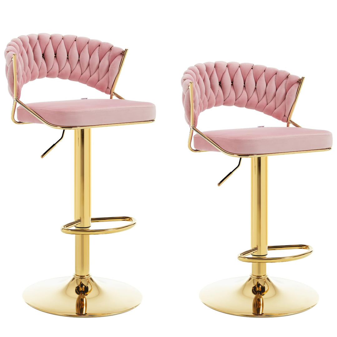 WOLTU Barhocker 2er Set, mit geflochtener Rückenlehne, Samthocker, Rosa | Barstuhl 360° drehbar, höh