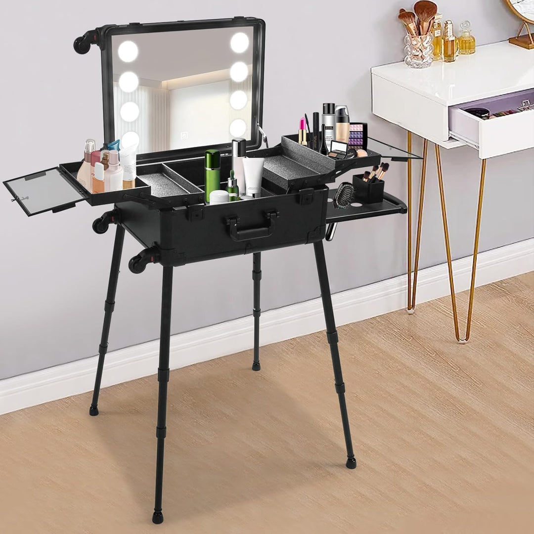 Profi Kosmetikkoffer Trolley, Multifunktional Schminkkoffer, Make Up Koffer mit Spiegel und LED Lich