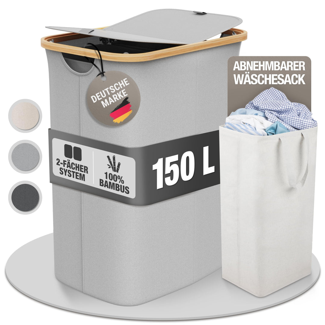 Wäschekorb 2 Fächer mit Deckel 150 Liter Bambus-Stoff Hell Grau Gross - Wäschesortierer Wäschetonne