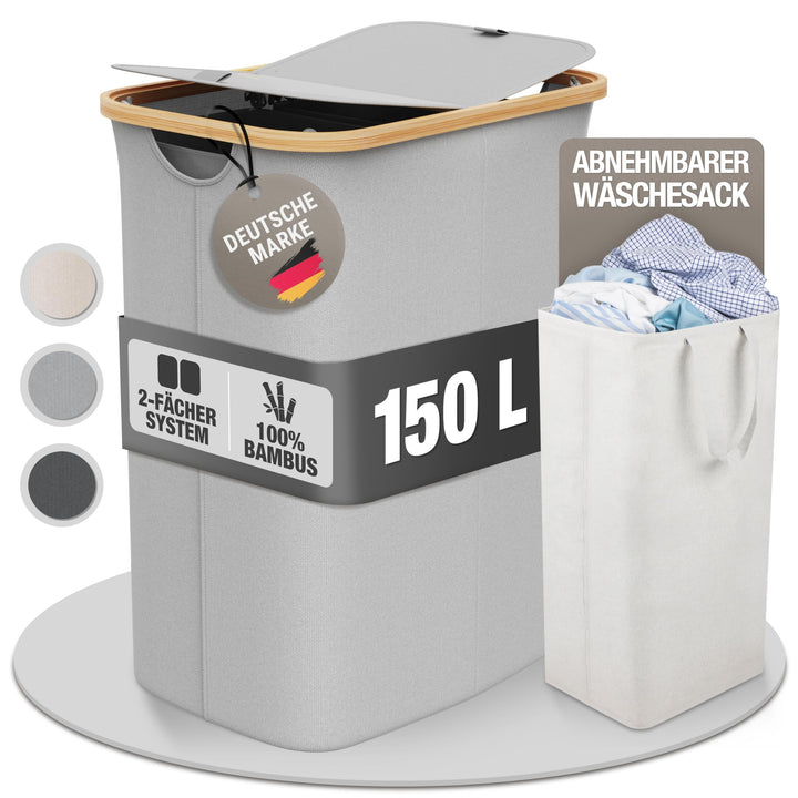 Wäschekorb 2 Fächer mit Deckel 150 Liter Bambus-Stoff Hell Grau Gross - Wäschesortierer Wäschetonne