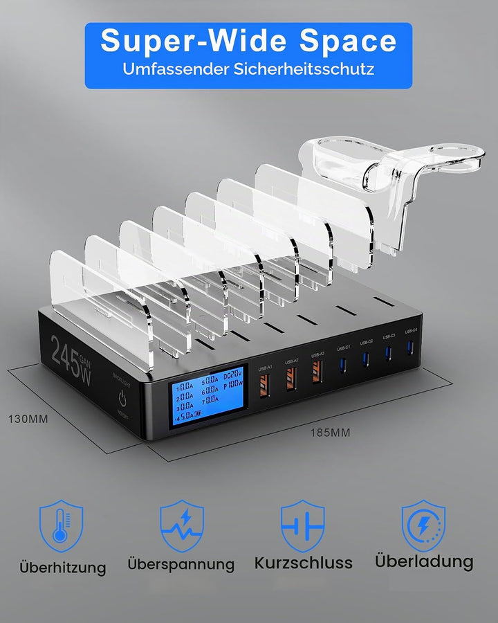 Ladestation für mehrere Geräte, 245W 7 Port Ladegerät mit LCD Bildschirm und 2-in-1 i-Watch-Ladehalt