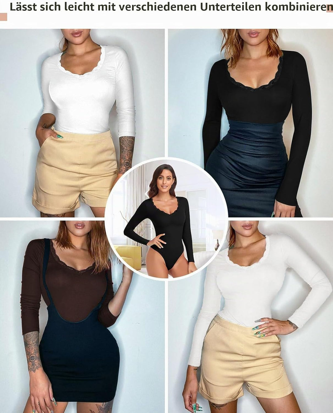 WOWENY Thermo Body Damen Langarm Elegant Langarmbody mit Spitze V-ausschnitt Fleece Bodysuit Warm Be