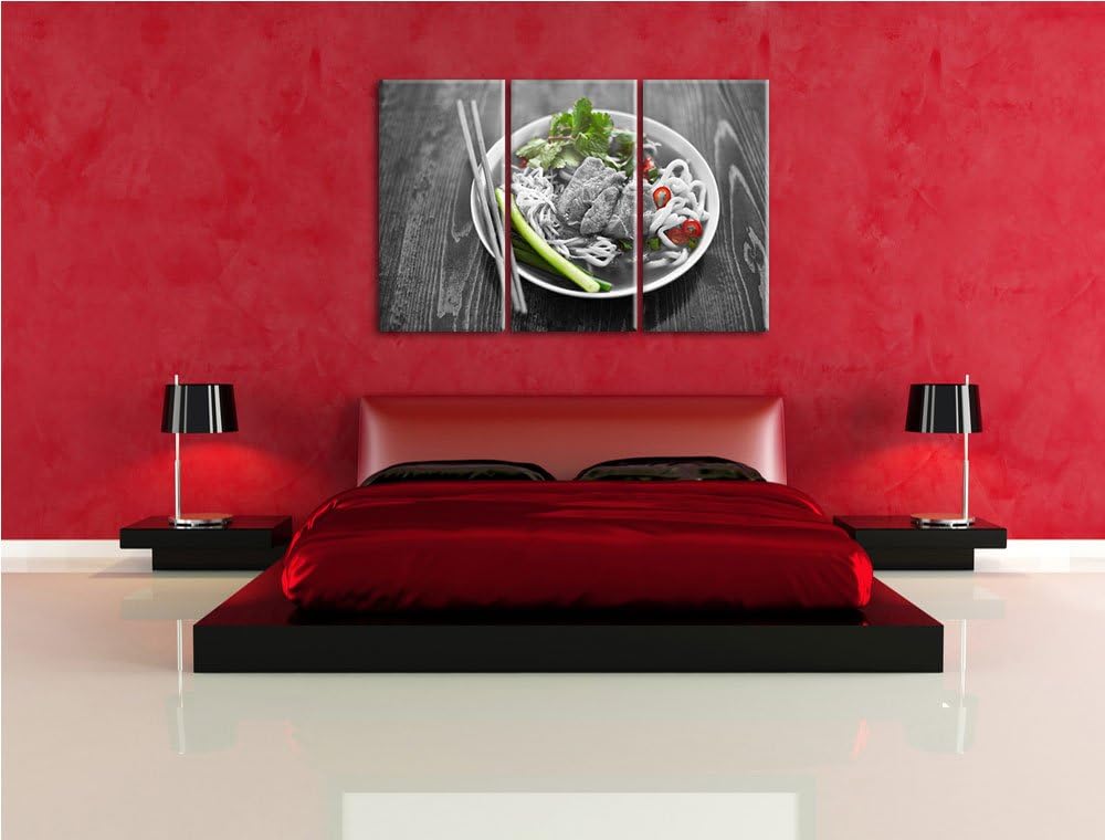 Japanische Nudelsuppe mit Fleisch schwarz/weiss 3-Teiler Leinwandbild 120x80 Bild auf Leinwand, XXL
