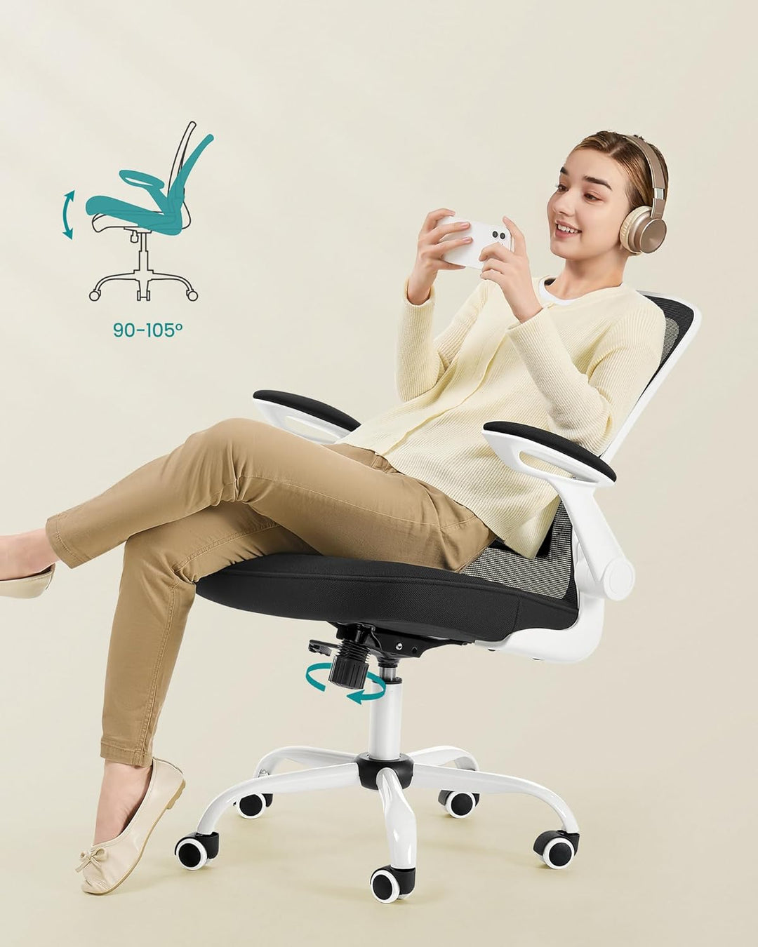 SONGMICS Bürostuhl ergonomisch, Schreibtischstuhl klappbare armlehne, 360° Drehstuhl, verstellbare L
