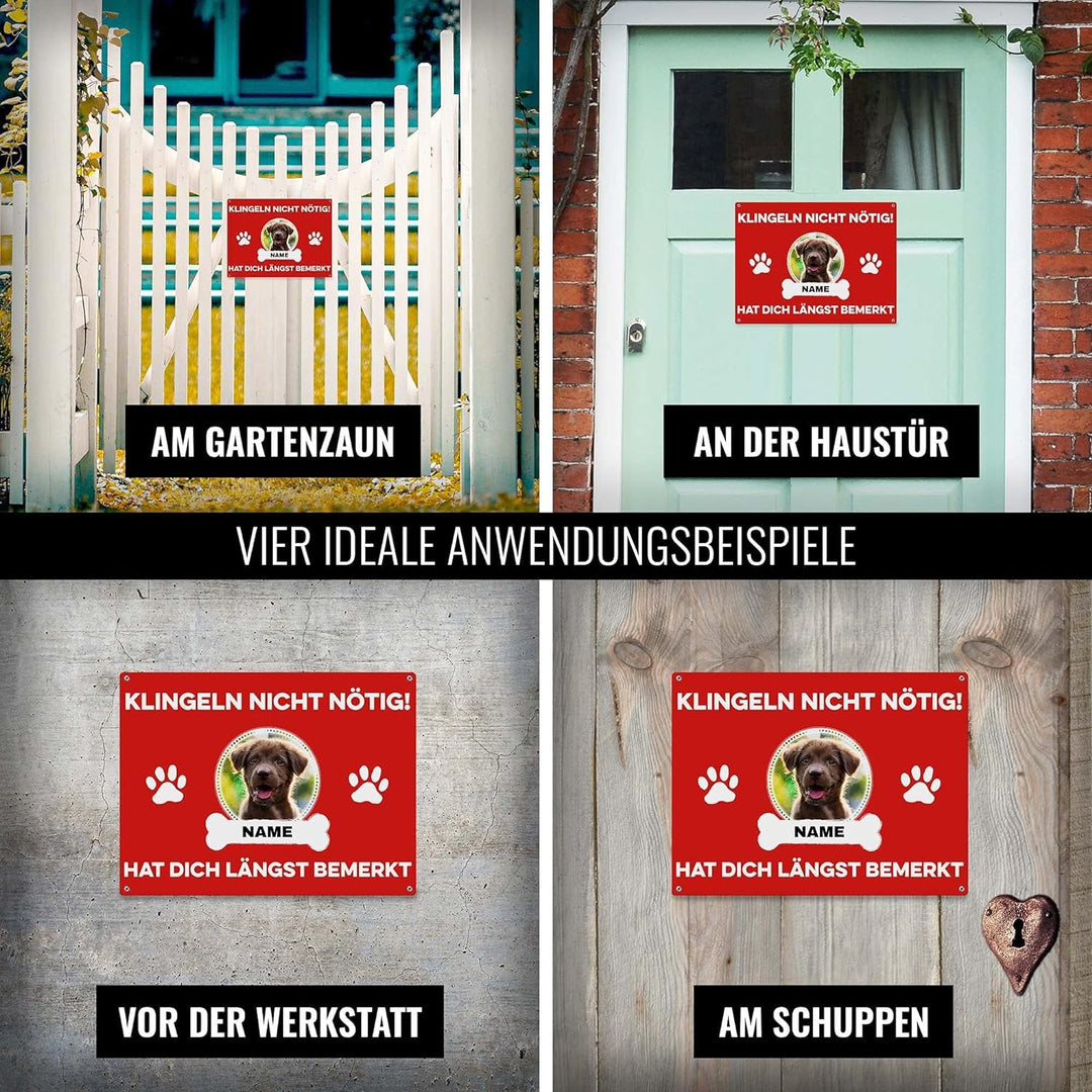 Hunde Schild personalisiert - Klingeln nicht nötig - Metallschild mit Foto und Name für aussen, wett