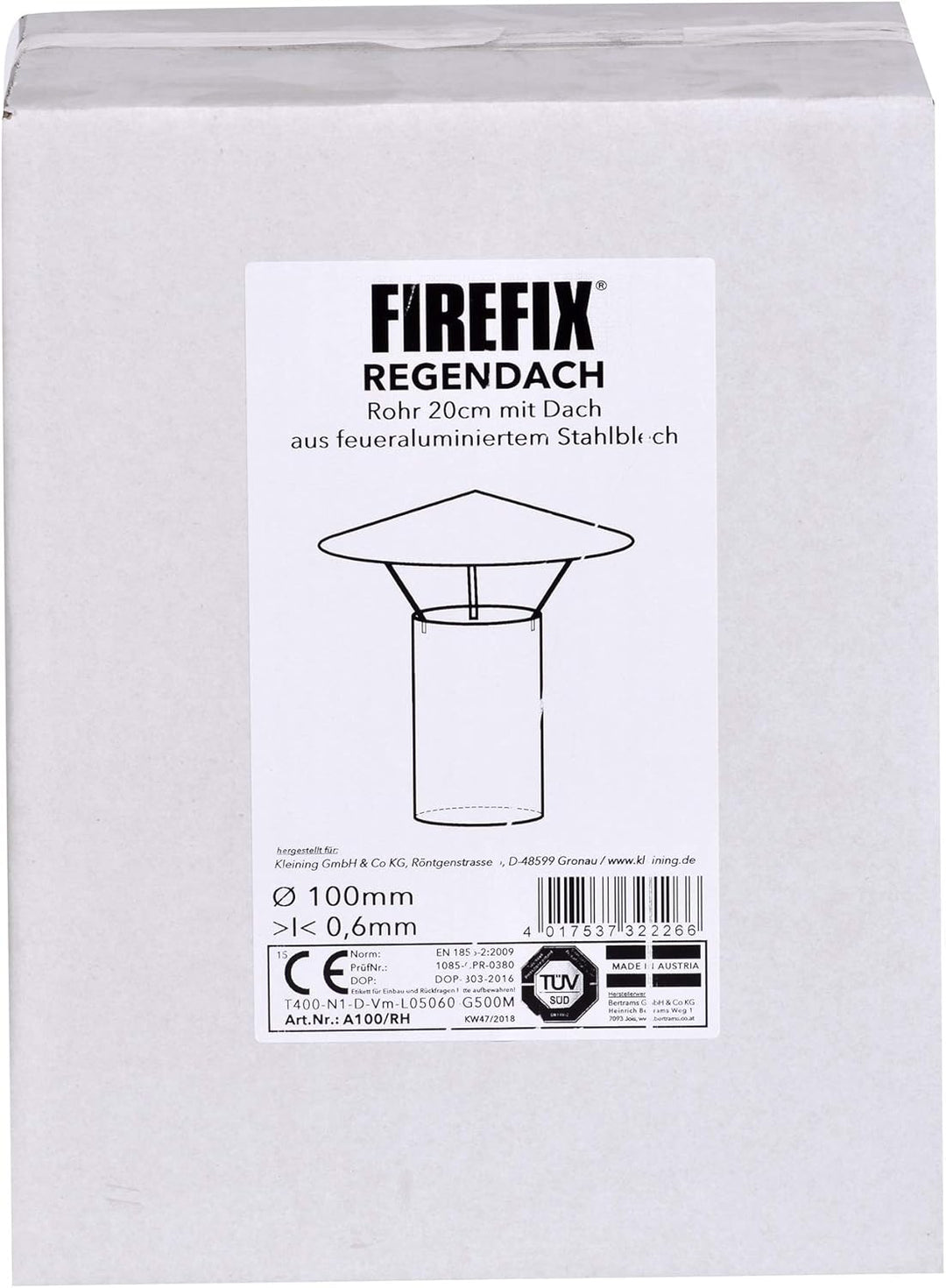 FIREFIX A100/RH Regenhut (verzinkt), Höhe 420 mm, ø 100 mm - für 0,6 mm starke Ofenrohre