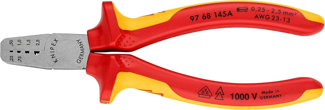 KNIPEX Crimpzange für Aderendhülsen isoliert mit Mehrkomponenten-Hüllen, VDE-geprüft 145 mm, 97 68 1