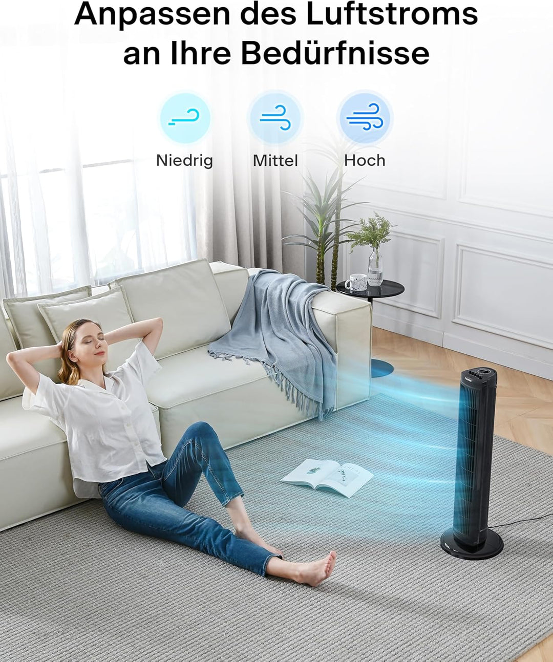 PELONIS 76 cm Oszillierender Turmventilator, 3 Geschwindigkeitsstufen, 8H Timer, Leiser & Platzspare