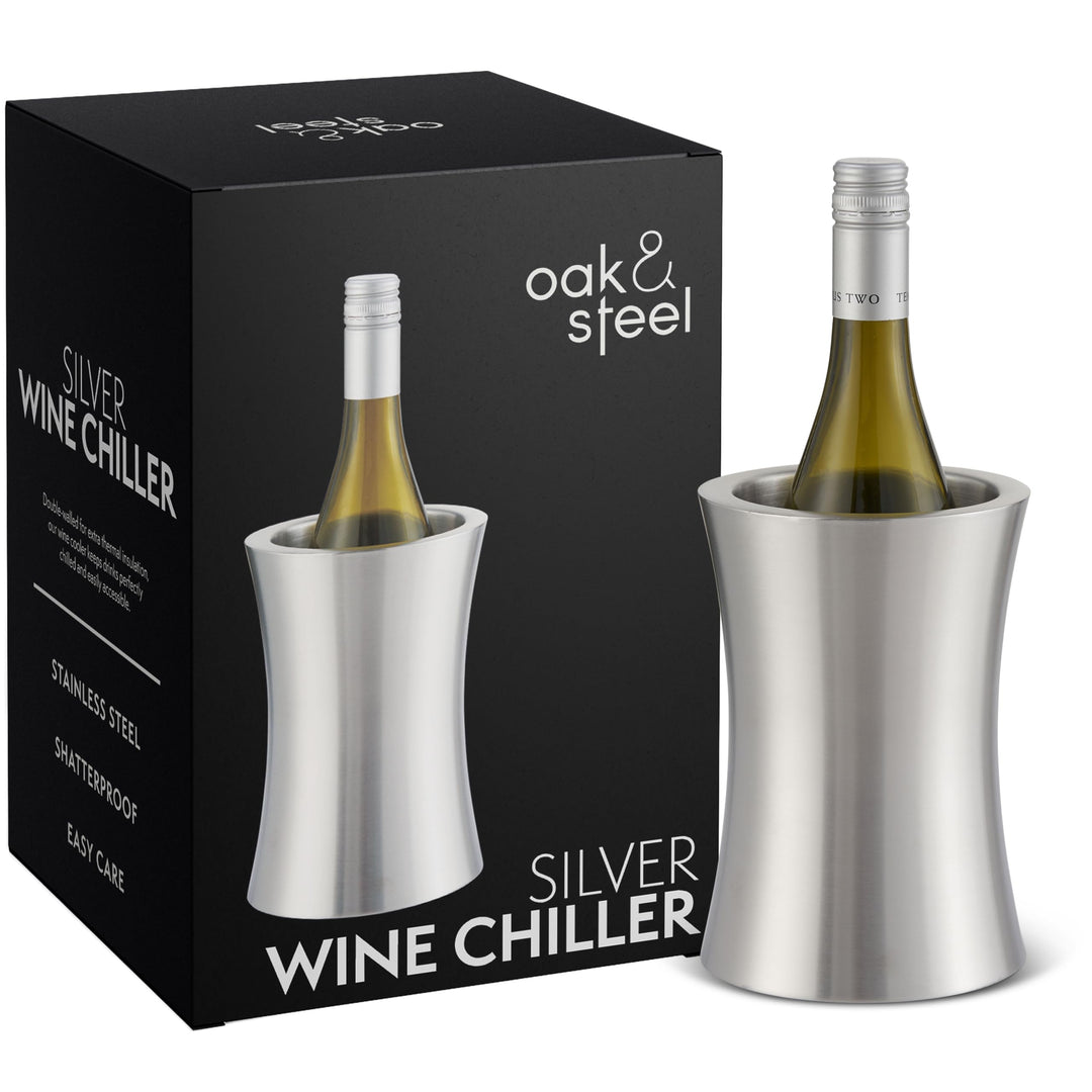 Oak &amp; Steel - 2 Premium Silber Doppelwandiger Edelstahl Weinkühlers mit Geschenkbox - Flaschenkühler