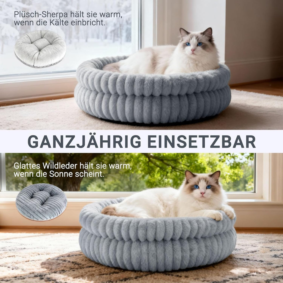 EDMIENS Katzenbett, Waschbar Indoor Katzenbett Flauschig, Rund Katzenkissen, zweiseitig Innenkissen