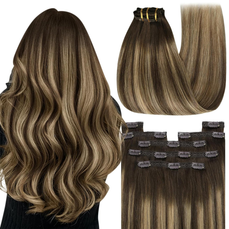 YoungSee Clip in Extensions Echthaar Ombre 30cm Echthaar Extensions Clip Dunkelbraun Balayage Karame