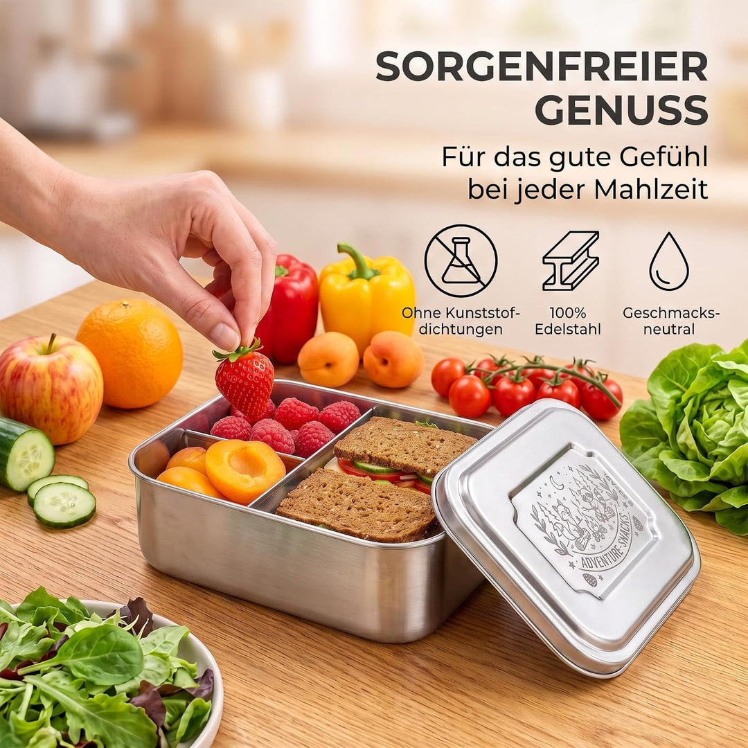Edelstahl Brotdose, Feste Trennwand und 3 Fächer, Plastikfrei, Rostfrei, Spülmaschinengeeignet, Klei