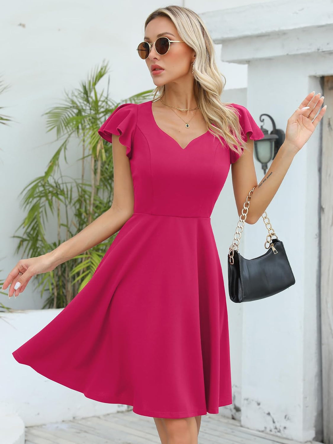 Missufe Damen Cocktailkleid Elegant Vintage Minikleid Kurz A-Linie Herzausschnitt Kleider Heisses Ro
