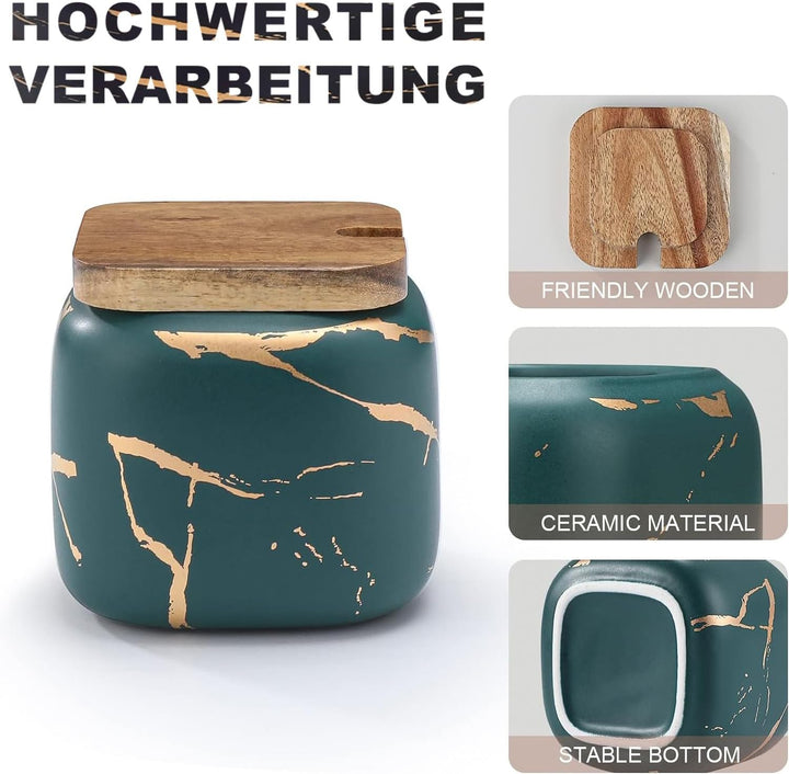 Gewürzgläser Set, 3 Stk Keramik Zuckerdose mit Deckel und Löffel Bambus für Haus und Küche, Alternat