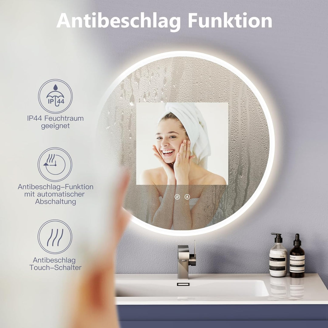 HOKO Antibeschlag LED Badspiegel rund 80 cm Bilbao mit Metall Rahmen Weiss. Touch Schalter + Memory