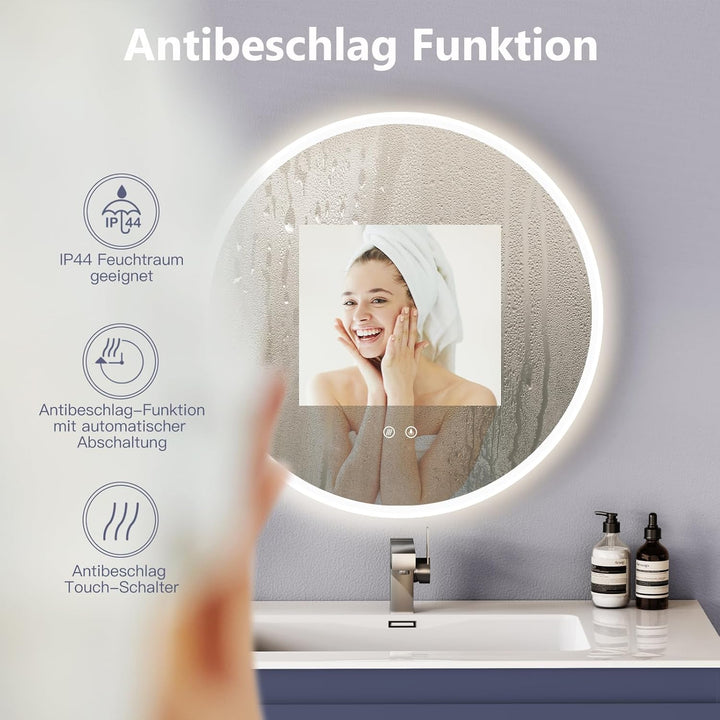 HOKO Antibeschlag LED Badspiegel rund 80 cm Bilbao mit Metall Rahmen Weiss. Touch Schalter + Memory