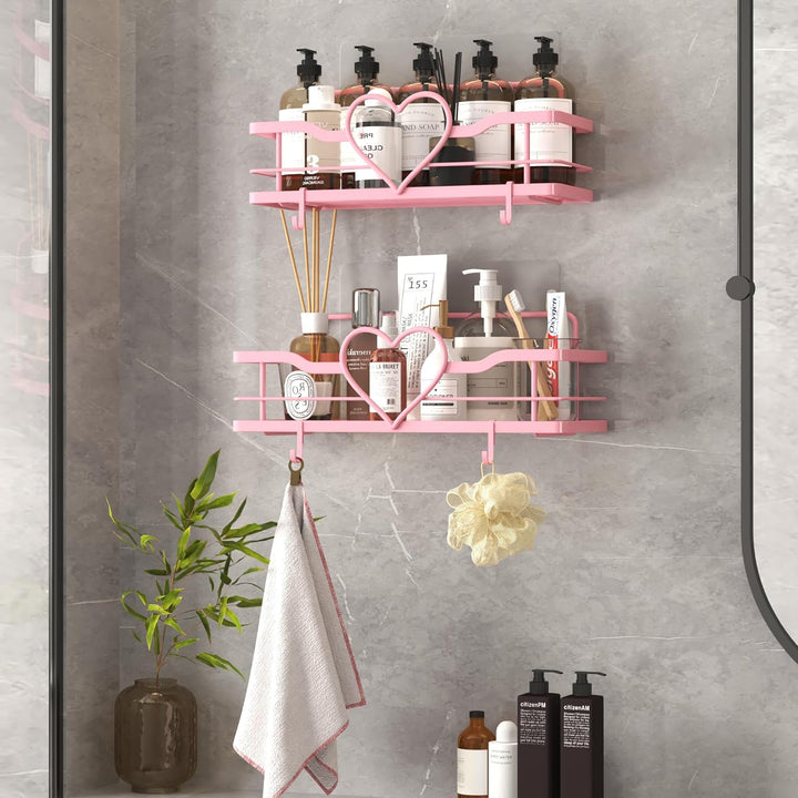 2 Stück Duschablage Ohne Bohren, Rosa Duschregal mit 4 Haken, Dusche Halterung Duschkorb zum kleben,
