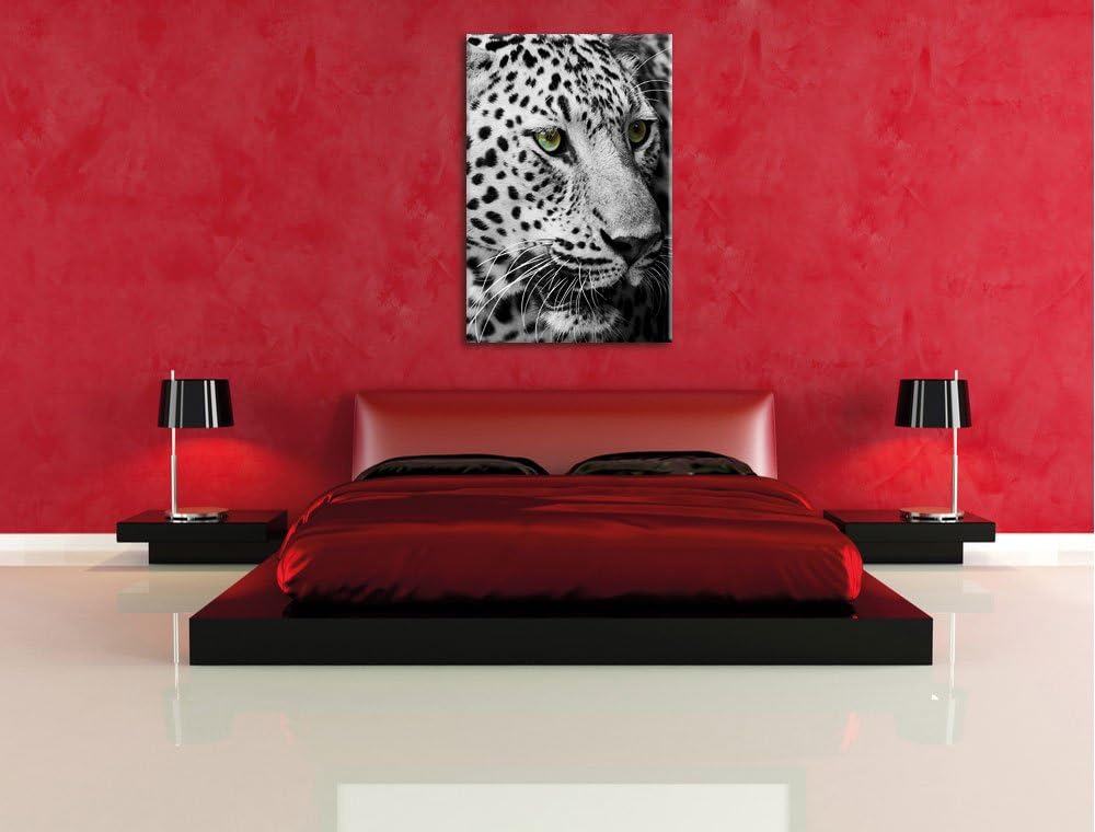 Pixxprint Dark Leopard mit grünen Augen als Leinwandbild/Grösse: 120x80 cm/Wandbild/Kunstdruck/ferti