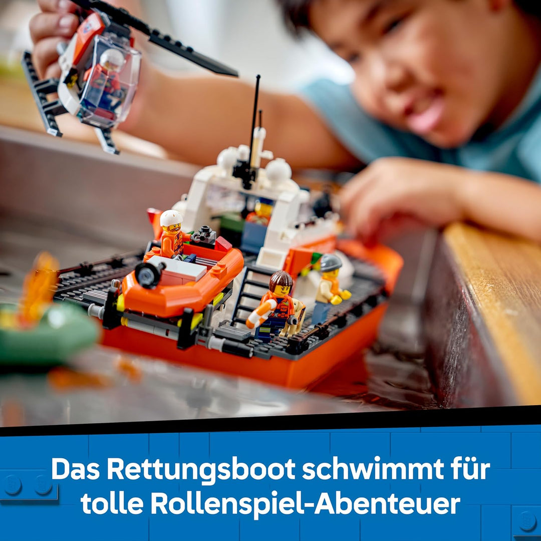 LEGO City Rettungsboot der Küstenwache mit Hubschrauber - Spielzeug Einsatzfahrzeug - Set mit schwim