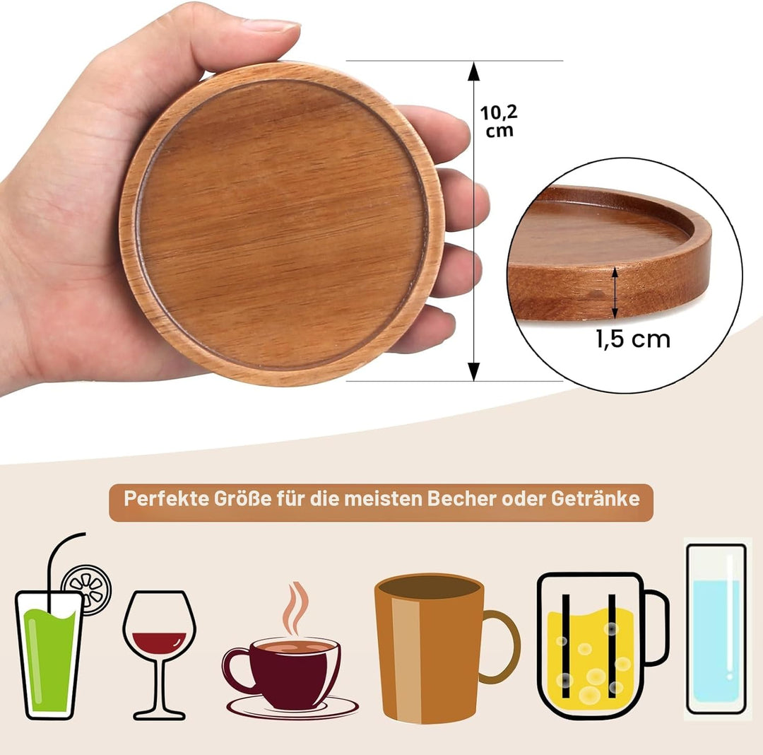 6 Stück Akazienholz Untersetzer für Gläser Getränke Tassenuntersetzer mit Halter Couchtisch Deko Tis