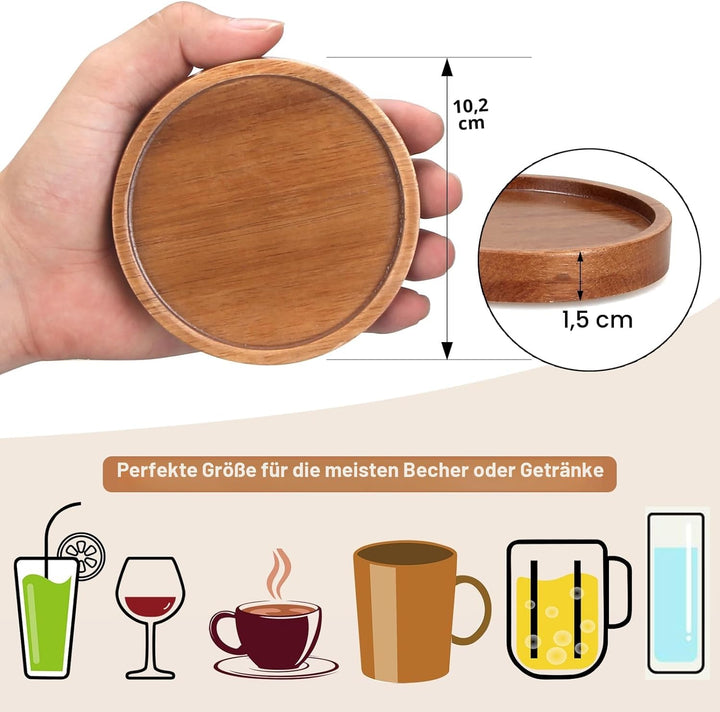 6 Stück Akazienholz Untersetzer für Gläser Getränke Tassenuntersetzer mit Halter Couchtisch Deko Tis