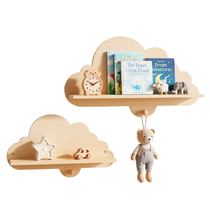 COSTWAY 2er Set Wandregal Kinder, Schweberegal im Wolkenform aus Massivholz, wandmontiertes Kinderre