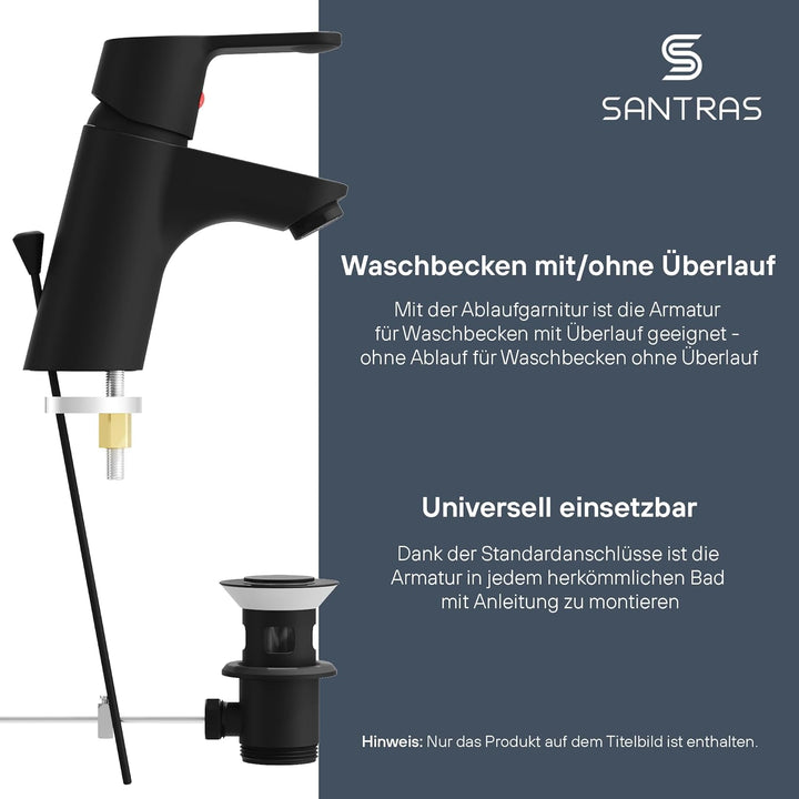 SANTRAS® Waschtischarmatur Bad in Matt-Schwarz mit Zugstange & Exzenter Ablaufgarnitur – Einhebelmis