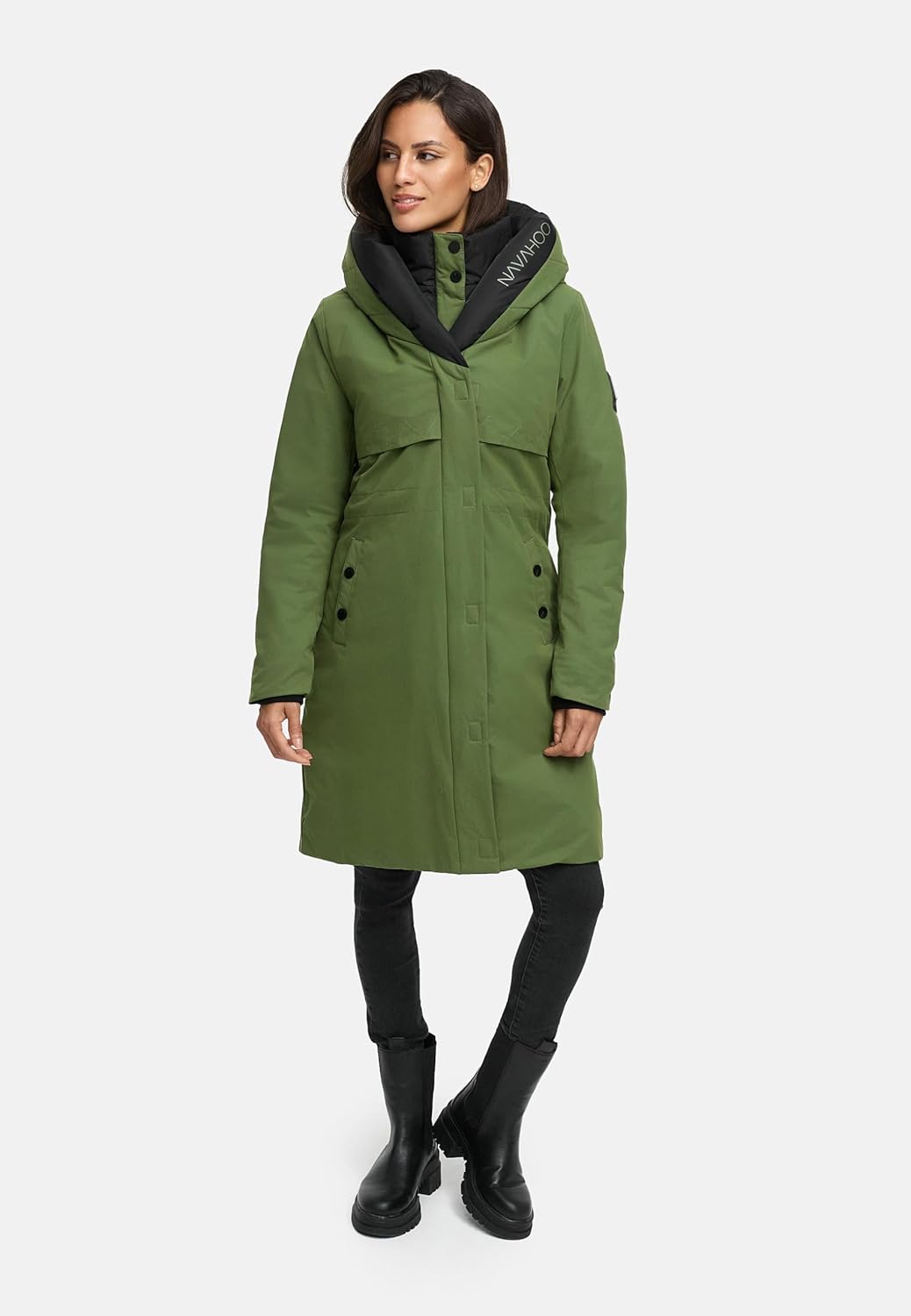 Navahoo Damen Mantel Lange warme Winter Steppjacke mit Kapuze und magnetischen Elementen Snowelf XS-