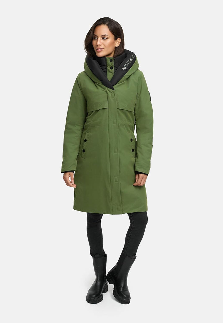 Navahoo Damen Mantel Lange warme Winter Steppjacke mit Kapuze und magnetischen Elementen Snowelf XS-