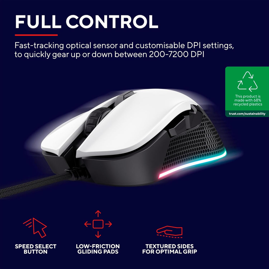 Trust Gaming GXT 922W Ybar Gaming Maus, 68% Recycelten Materialien, RGB LED-Beleuchtung, 6 Programmi