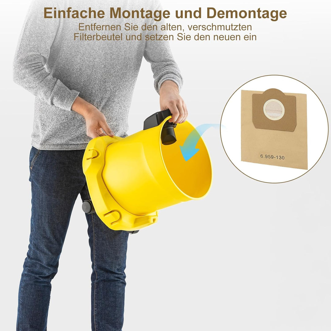 Fishoney 20 Stück WD3 Staubsaugerbeutel für Kärcher 6.959-130.0, Papier filterbeutel für WD3 1629 MV