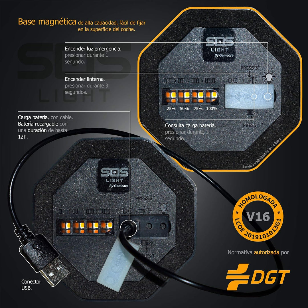 SOS LIGHT - LUZ DE EMERGENCIA AUTÓNOMA, SEÑAL V16 DE PRESEÑALIZACIÓN DE PELIGRO, HOMOLOGADA DGT V16