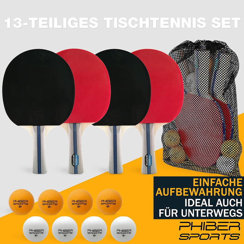 PHIBER-SPORTS Tischtennis Set mit 4 Tischtennisschläger + 8 Tischtennisbälle + Praktische Tragetasch