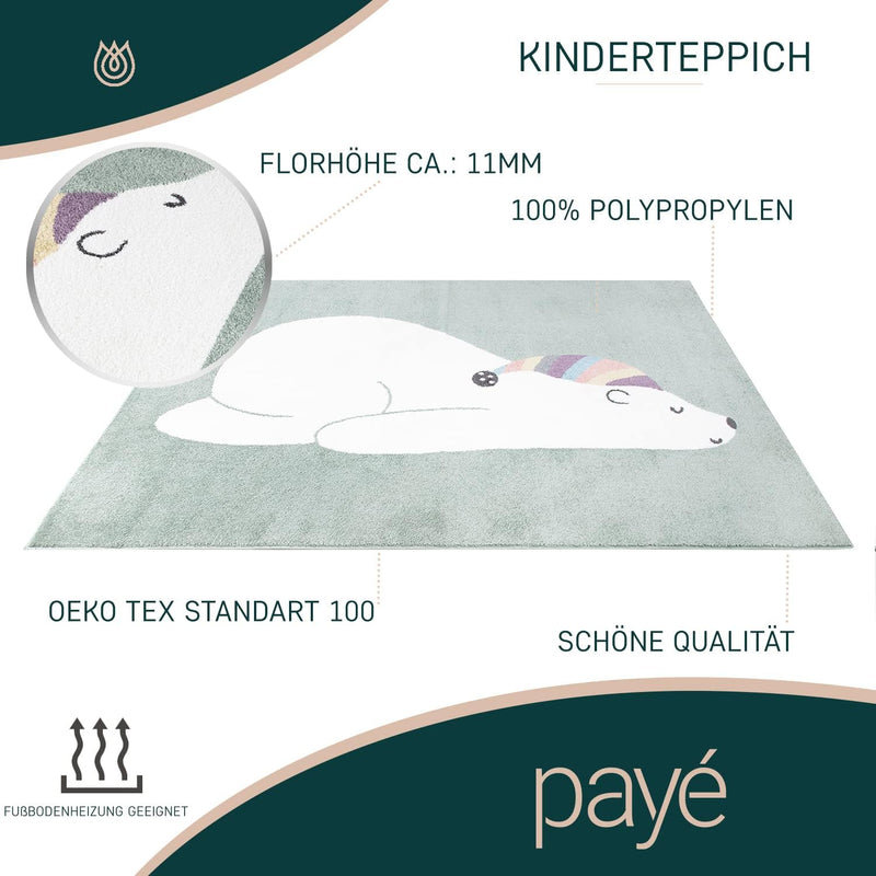 payé Teppich Kinderzimmer - Grün - 120x160cm - Pastellfarben Spielteppich Kinderteppich Kurzflor Wei